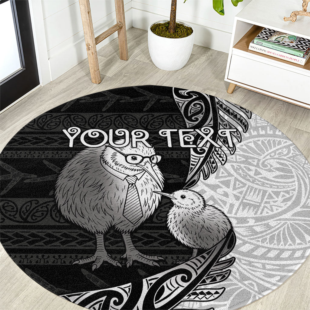 Personalised New Zealand Father's Day Round Carpet Papa Kiwi Bird Tribal Pattern DT05 Black - Polynesian Pride