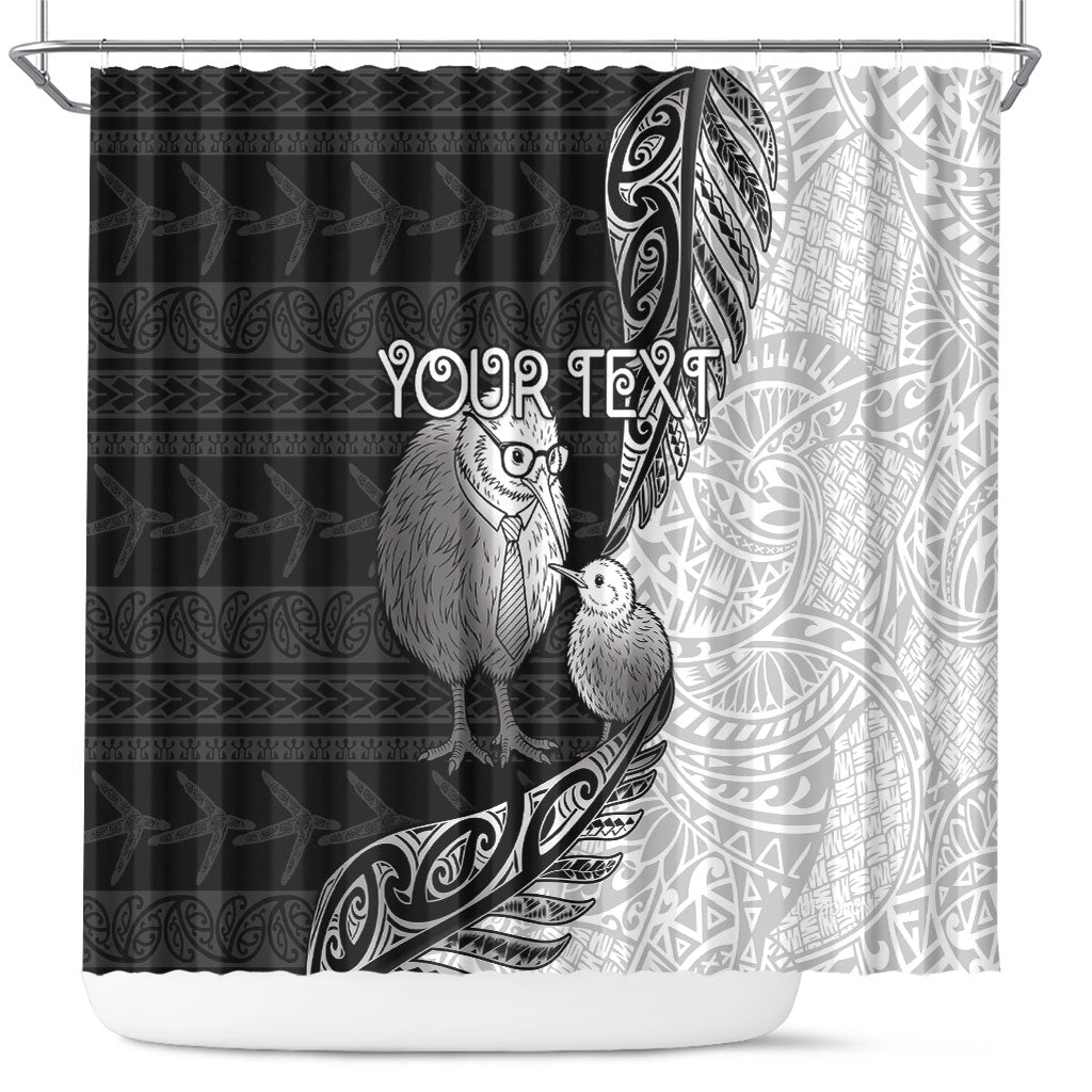 Personalised New Zealand Father's Day Shower Curtain Papa Kiwi Bird Tribal Pattern DT05 Black - Polynesian Pride