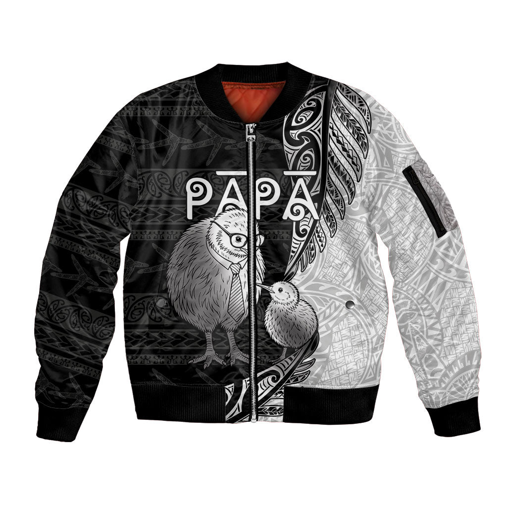 Personalised New Zealand Father's Day Sleeve Zip Bomber Jacket Papa Kiwi Bird Tribal Pattern DT05 Unisex Black - Polynesian Pride