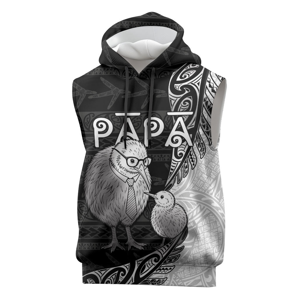 Personalised New Zealand Father's Day Sleeveless Hoodie Papa Kiwi Bird Tribal Pattern DT05 Black - Polynesian Pride