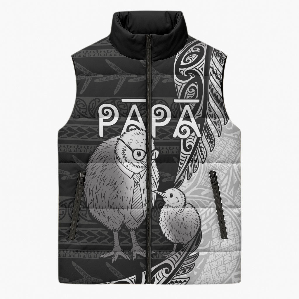 Personalised New Zealand Father's Day Sleeveless Puffer Jacket Papa Kiwi Bird Tribal Pattern DT05 Unisex Black - Polynesian Pride