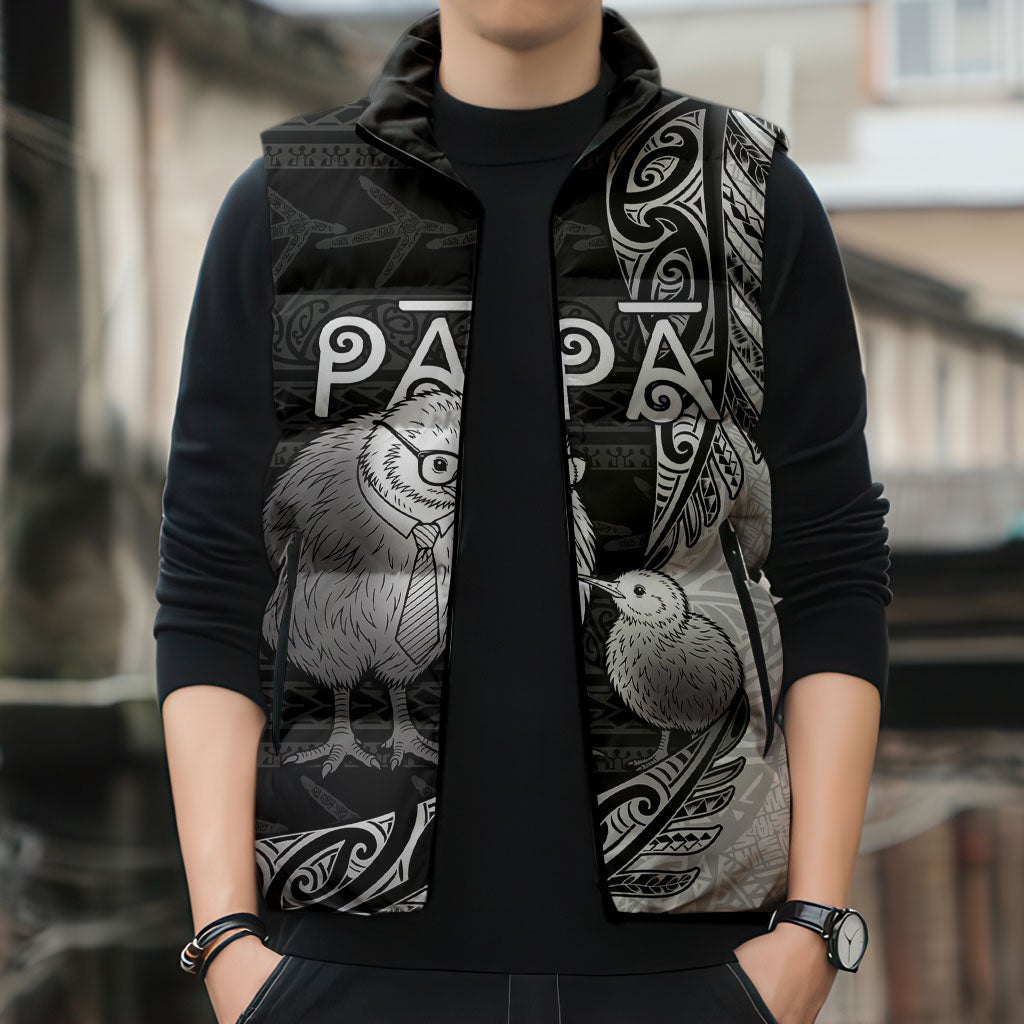 Personalised New Zealand Father's Day Sleeveless Puffer Jacket Papa Kiwi Bird Tribal Pattern DT05 - Polynesian Pride