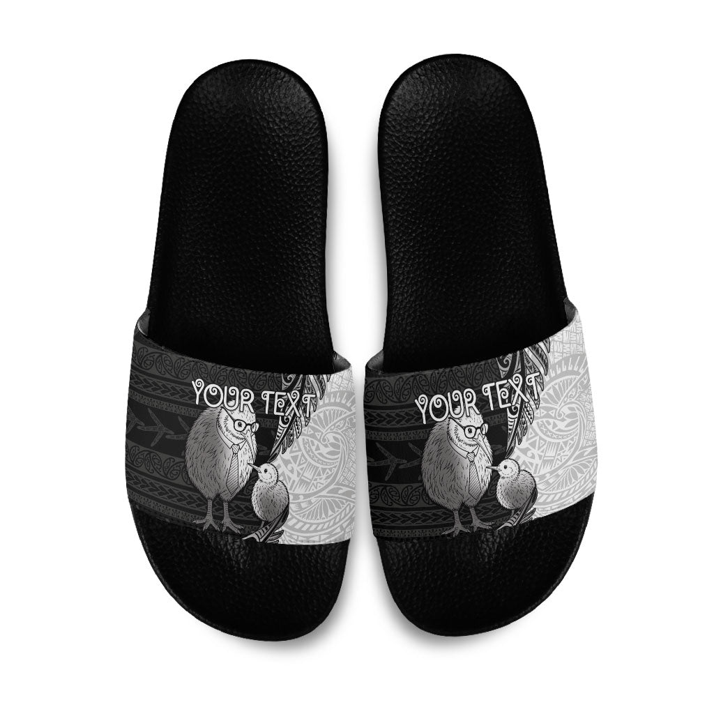 Personalised New Zealand Father's Day Slide Sandals Papa Kiwi Bird Tribal Pattern DT05 Black - Polynesian Pride