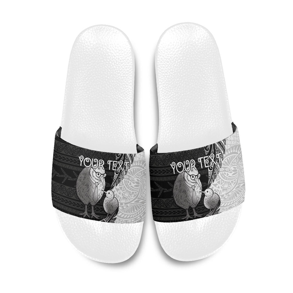 Personalised New Zealand Father's Day Slide Sandals Papa Kiwi Bird Tribal Pattern DT05 Black - Polynesian Pride