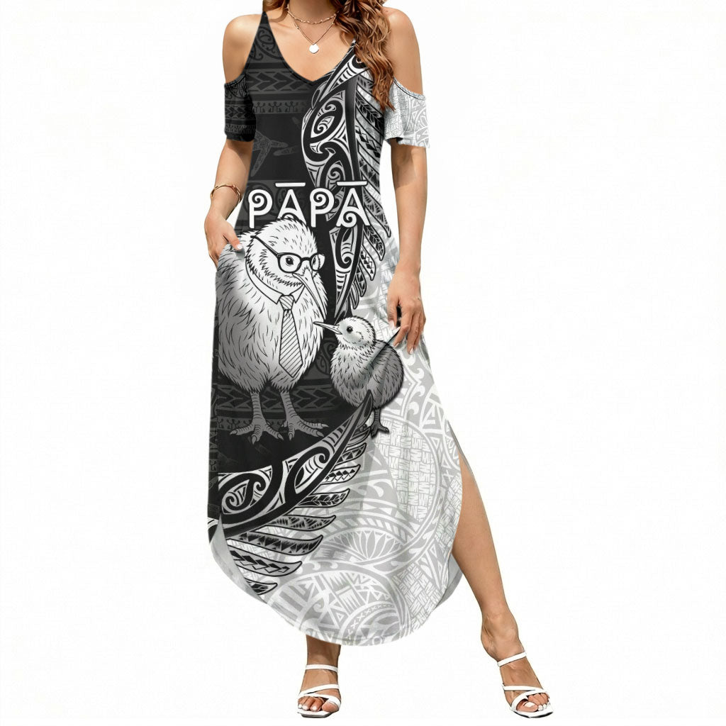 Personalised New Zealand Father's Day Summer Maxi Dress Papa Kiwi Bird Tribal Pattern DT05 Women Black - Polynesian Pride