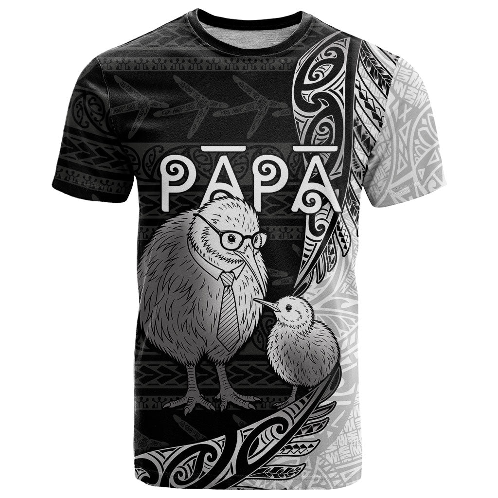 Personalised New Zealand Father's Day T Shirt Papa Kiwi Bird Tribal Pattern DT05 Black - Polynesian Pride
