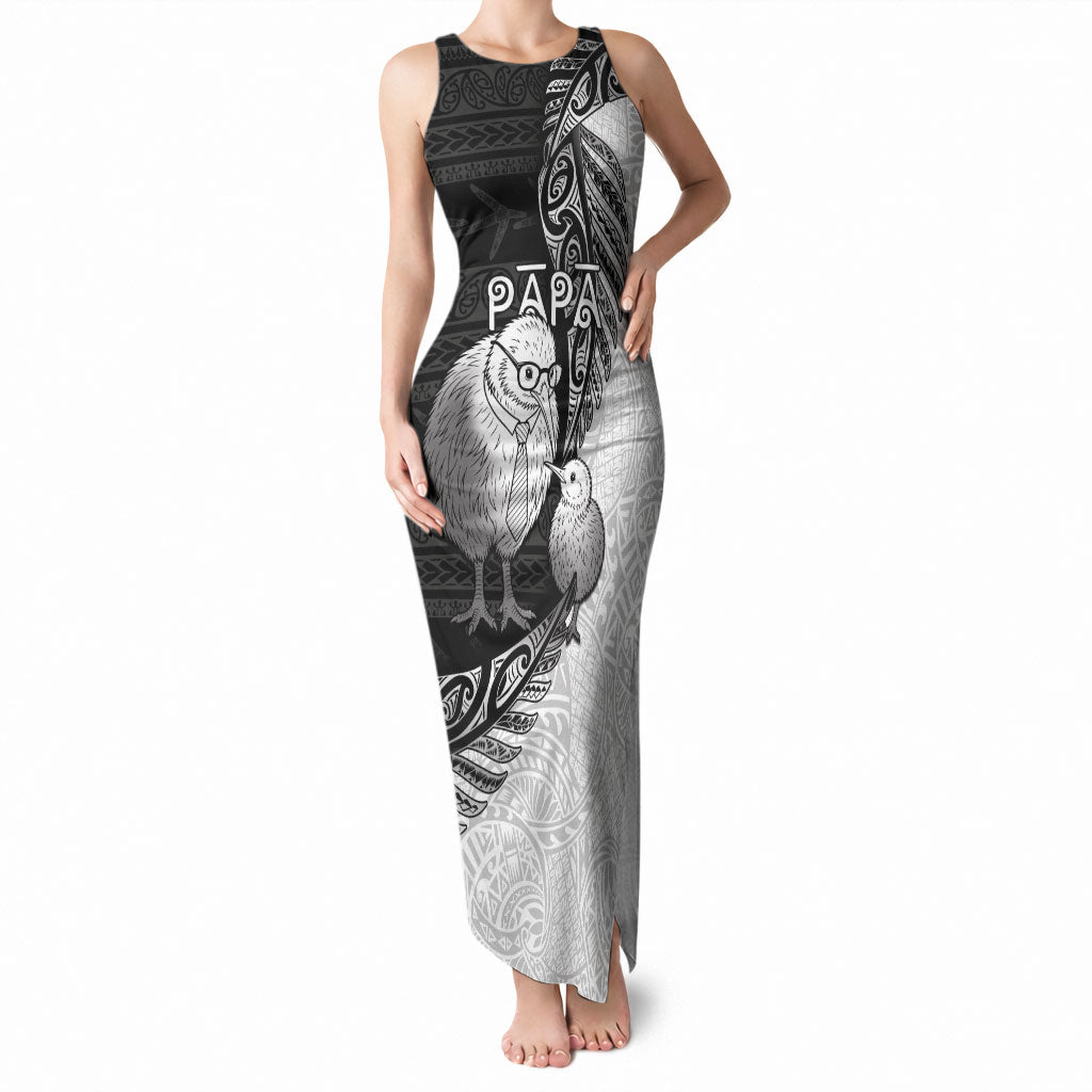 Personalised New Zealand Father's Day Tank Maxi Dress Papa Kiwi Bird Tribal Pattern DT05 Women Black - Polynesian Pride