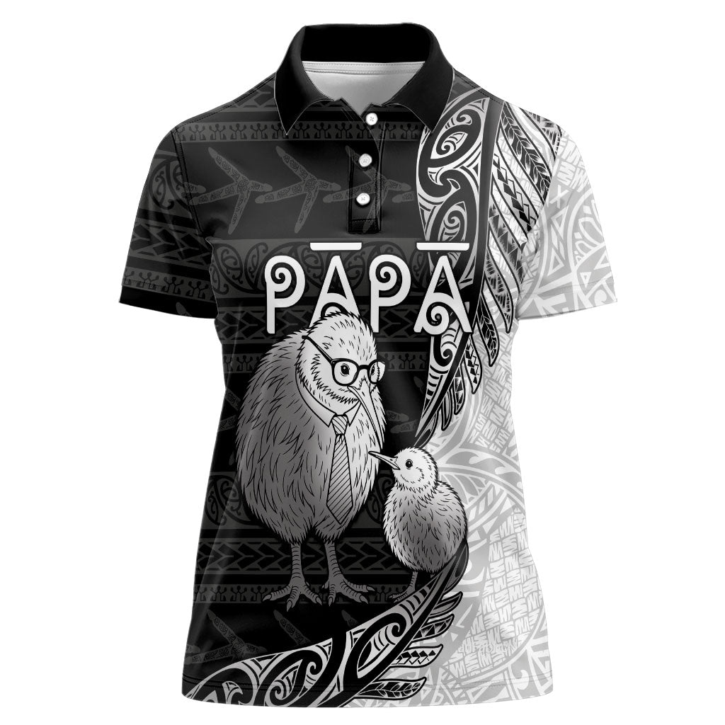 Personalised New Zealand Father's Day Women Polo Shirt Papa Kiwi Bird Tribal Pattern DT05 Female Black - Polynesian Pride
