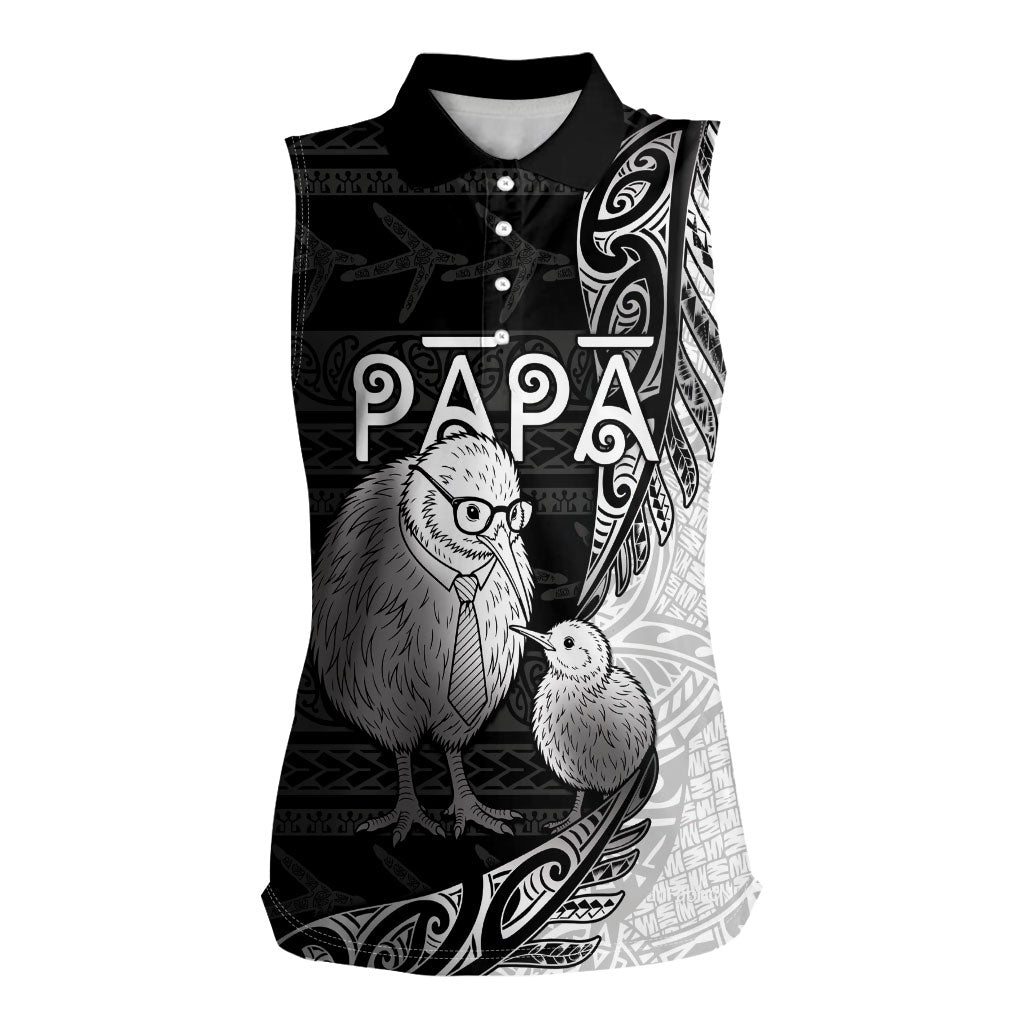Personalised New Zealand Father's Day Women Sleeveless Polo Shirt Papa Kiwi Bird Tribal Pattern DT05 Female Black - Polynesian Pride