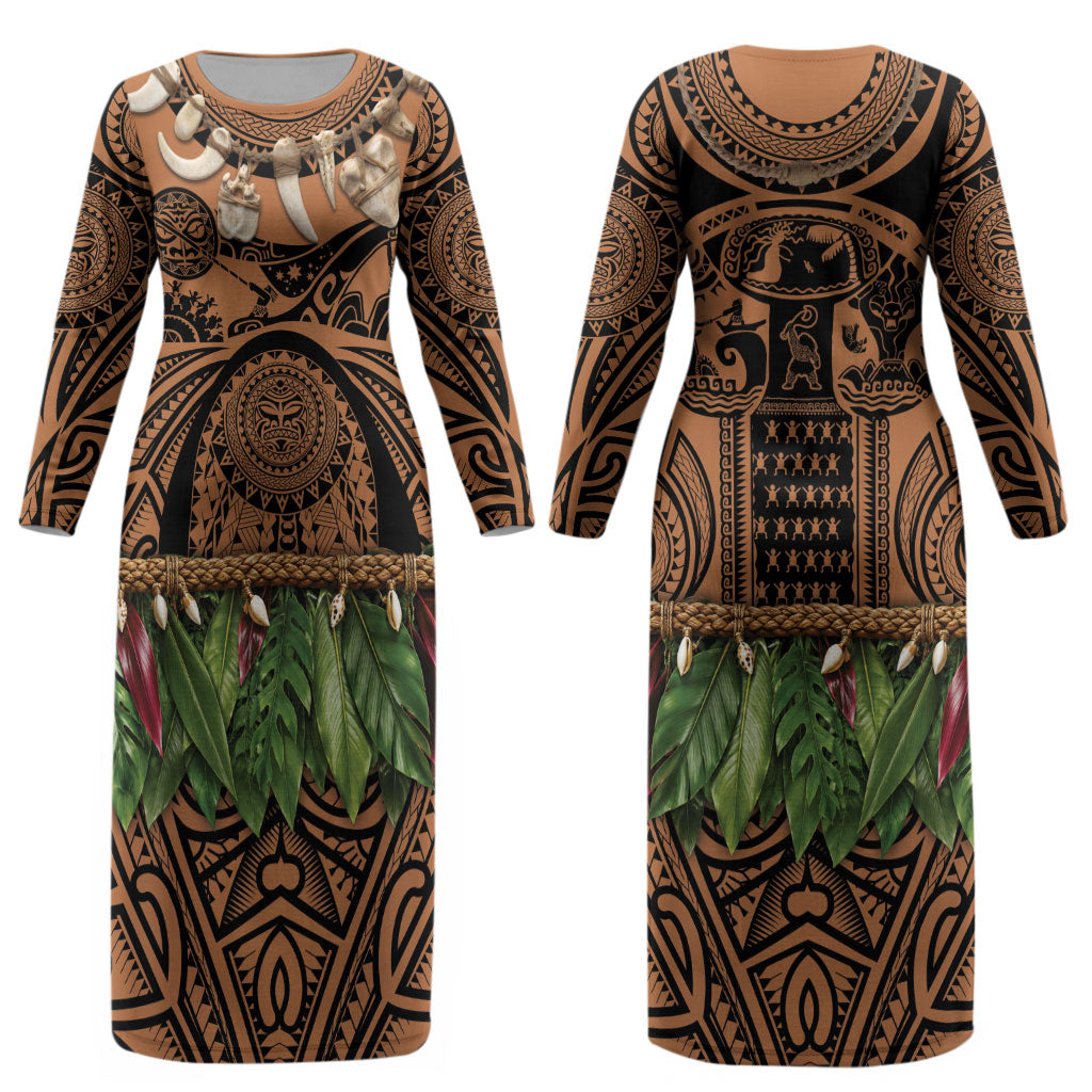 Polynesia Maui Tattoo Inspired Couples Matching Long Sleeve Bodycon Dress and Long Sleeve Button Shirt Tropical Leaf Skirt Costume
