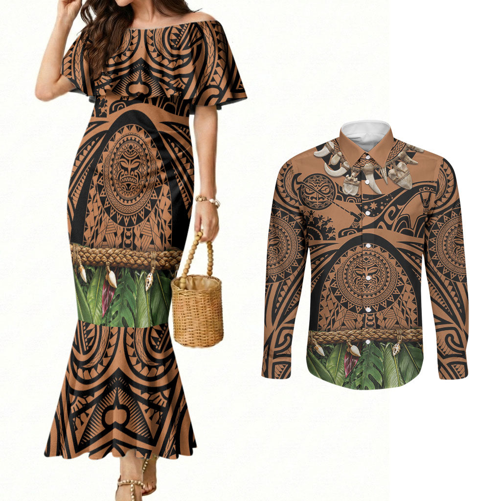 Polynesia Maui Tattoo Inspired Couples Matching Mermaid Dress and Long Sleeve Button Shirt Tropical Leaf Skirt Costume