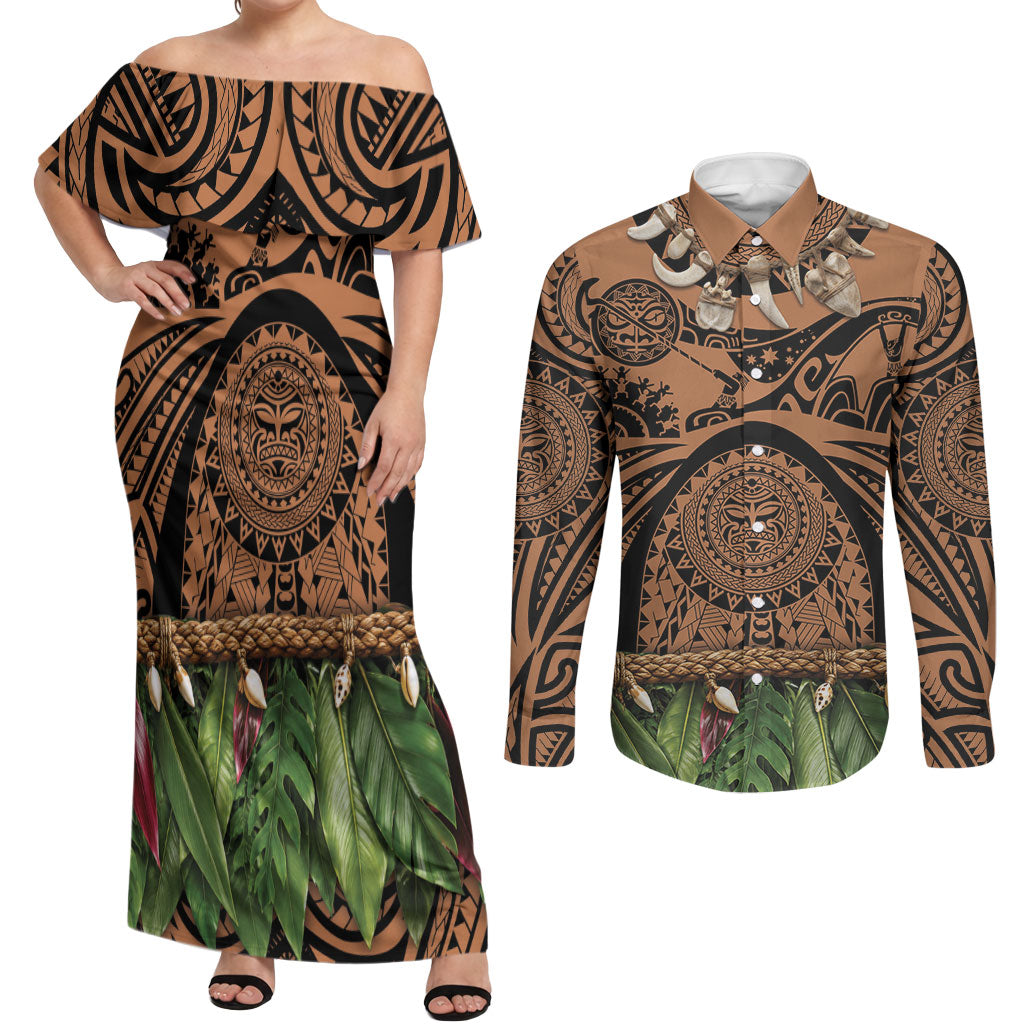 Polynesia Maui Tattoo Inspired Couples Matching Off Shoulder Maxi Dress and Long Sleeve Button Shirt Tropical Leaf Skirt Costume