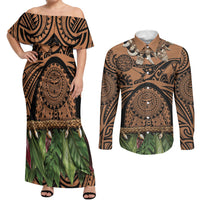 Polynesia Maui Tattoo Inspired Couples Matching Off Shoulder Maxi Dress and Long Sleeve Button Shirt Tropical Leaf Skirt Costume