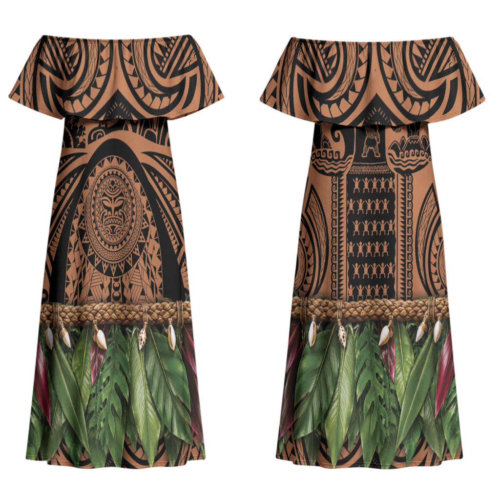 Polynesia Maui Tattoo Inspired Couples Matching Off Shoulder Maxi Dress and Long Sleeve Button Shirt Tropical Leaf Skirt Costume