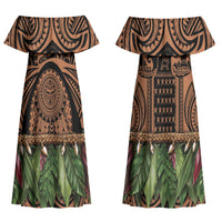Polynesia Maui Tattoo Inspired Couples Matching Off Shoulder Maxi Dress and Long Sleeve Button Shirt Tropical Leaf Skirt Costume