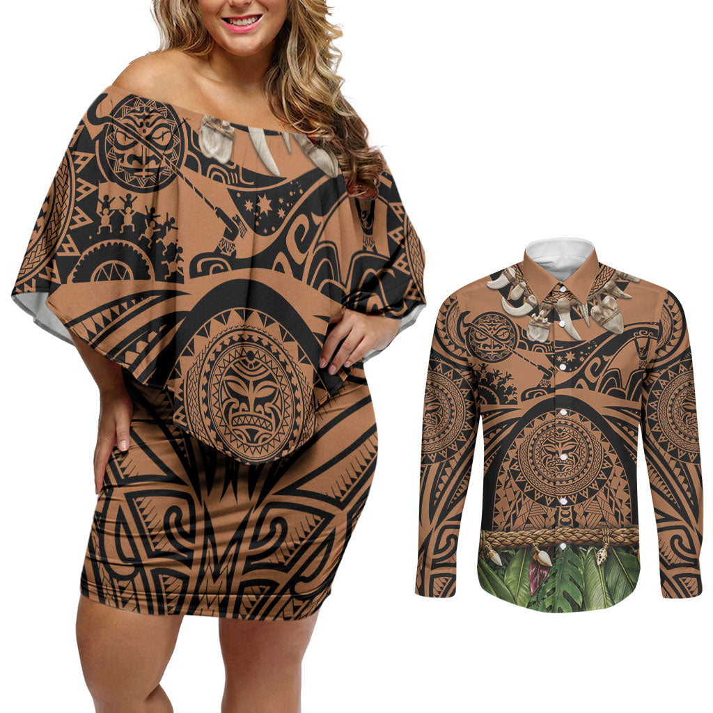 Polynesia Maui Tattoo Inspired Couples Matching Off Shoulder Short Dress and Long Sleeve Button Shirt Tropical Leaf Skirt Costume