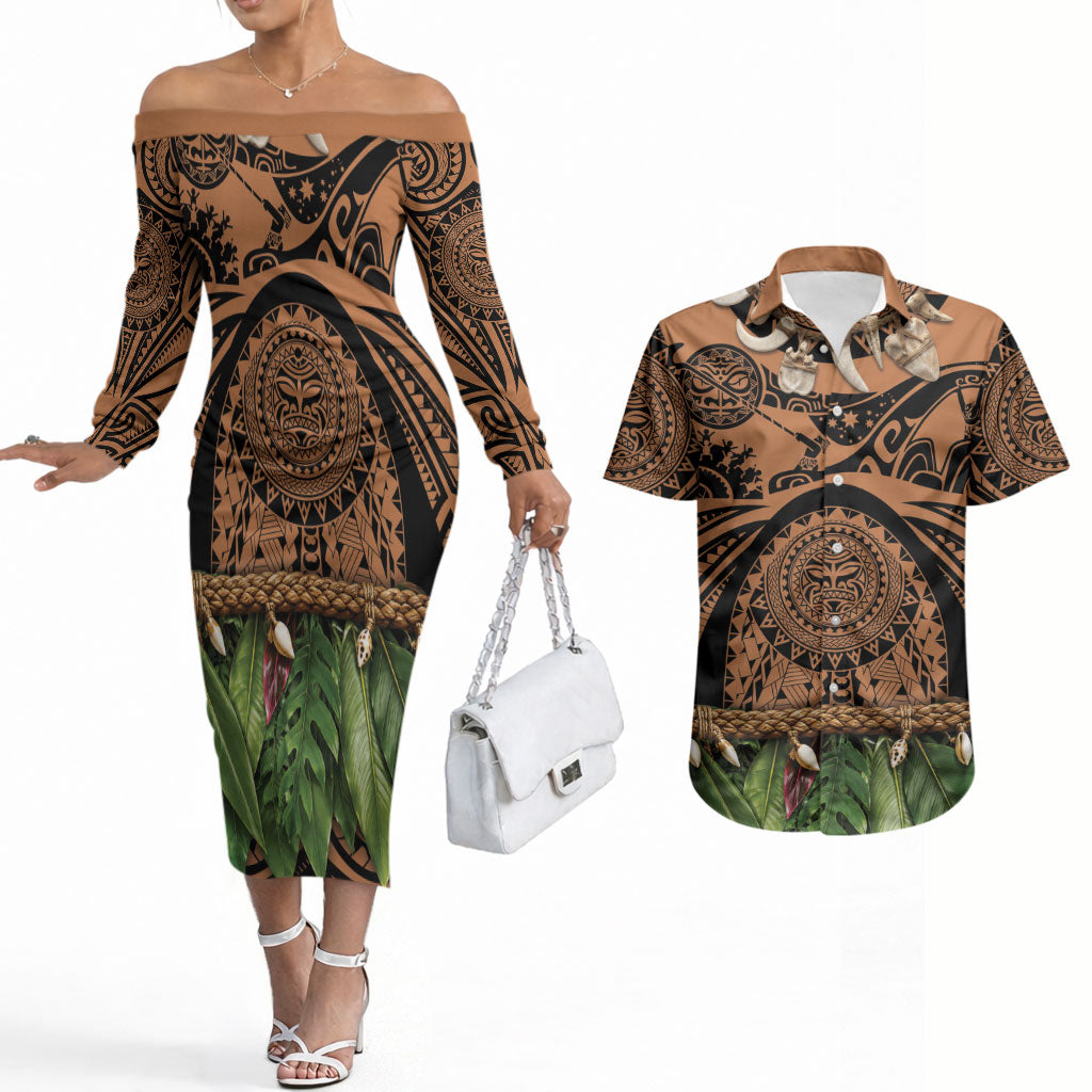 Polynesia Maui Tattoo Inspired Couples Matching Off The Shoulder Long Sleeve Dress and Hawaiian Shirt Tropical Leaf Skirt Costume