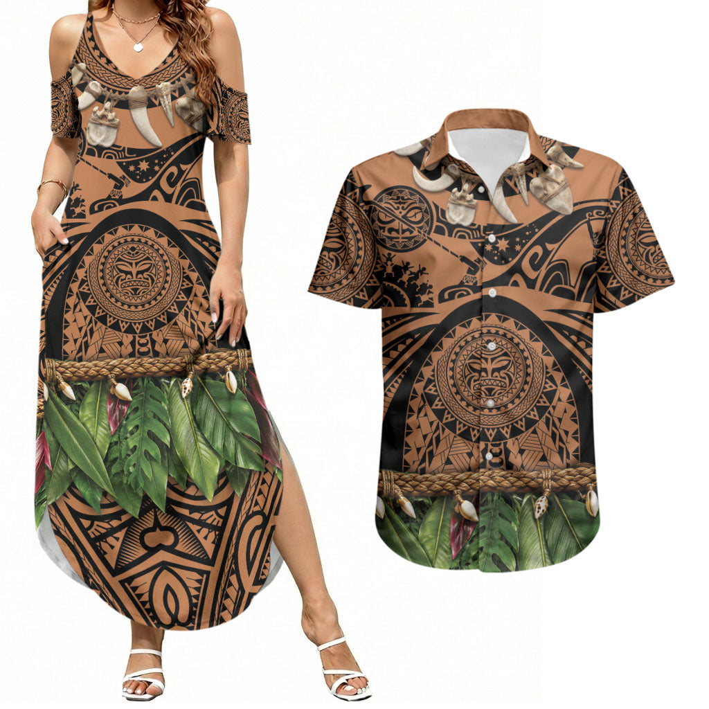 Polynesia Maui Tattoo Inspired Couples Matching Summer Maxi Dress and Hawaiian Shirt Tropical Leaf Skirt Costume