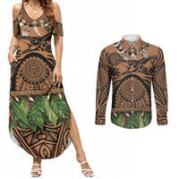 Polynesia Maui Tattoo Inspired Couples Matching Summer Maxi Dress and Long Sleeve Button Shirt Tropical Leaf Skirt Costume