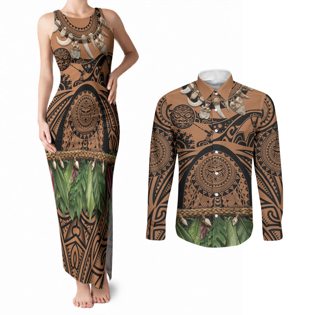 Polynesia Maui Tattoo Inspired Couples Matching Tank Maxi Dress and Long Sleeve Button Shirt Tropical Leaf Skirt Costume