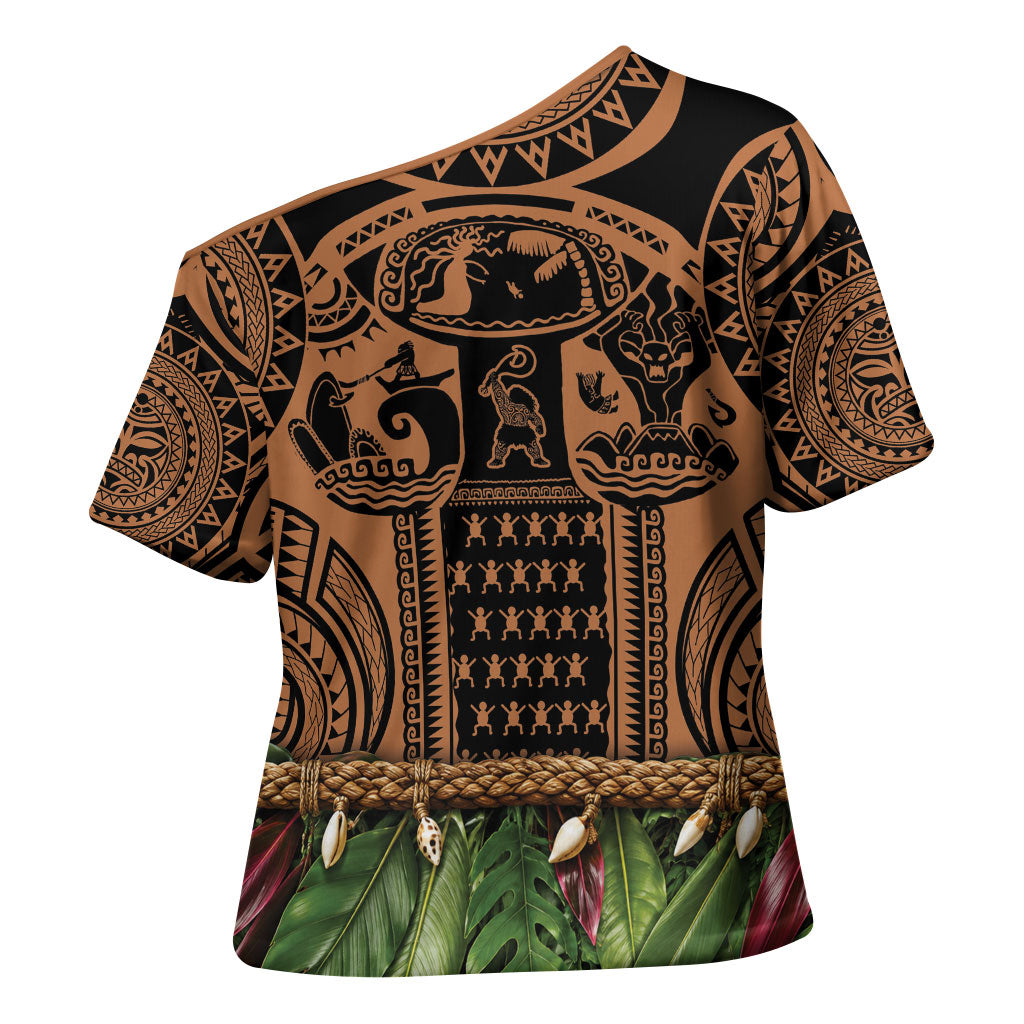 Polynesia Maui Tattoo Inspired Cross Shoulder Shirt Tropical Leaf Skirt Costume