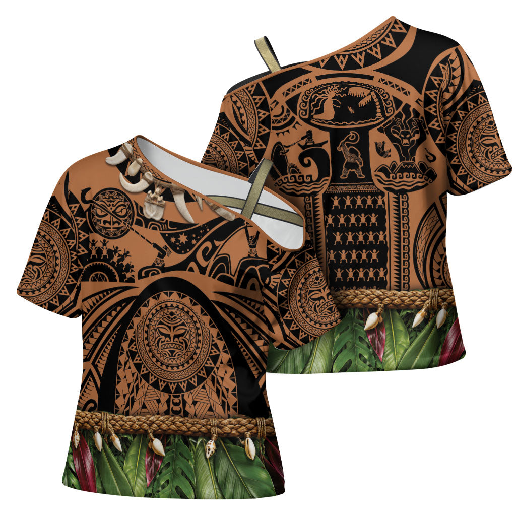 Polynesia Maui Tattoo Inspired Cross Shoulder Shirt Tropical Leaf Skirt Costume