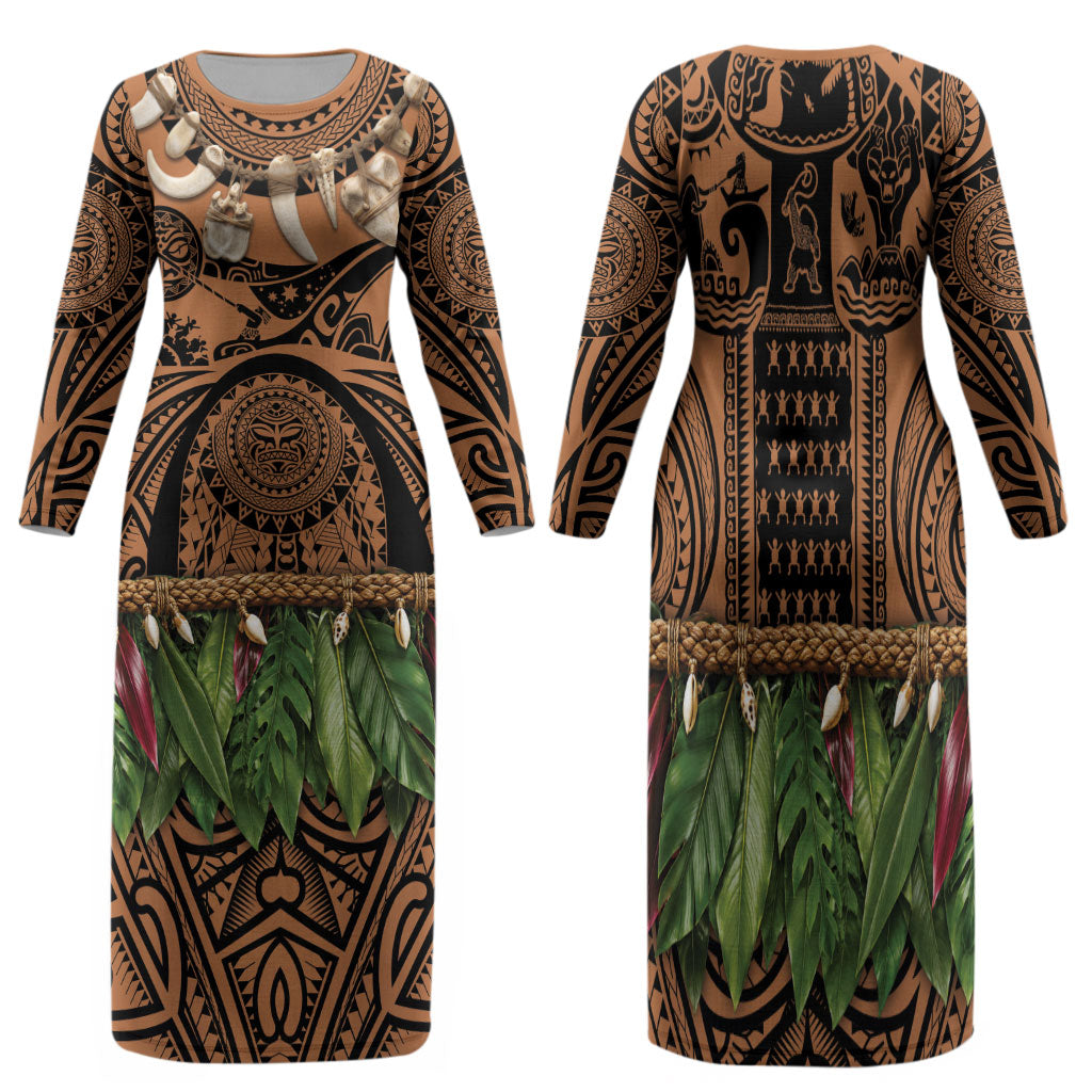 Polynesia Maui Tattoo Inspired Family Matching Long Sleeve Bodycon Dress and Hawaiian Shirt Tropical Leaf Skirt Costume