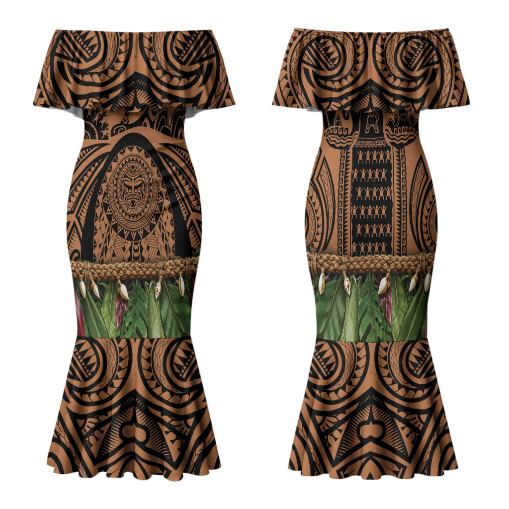 Polynesia Maui Tattoo Inspired Family Matching Mermaid Dress and Hawaiian Shirt Tropical Leaf Skirt Costume