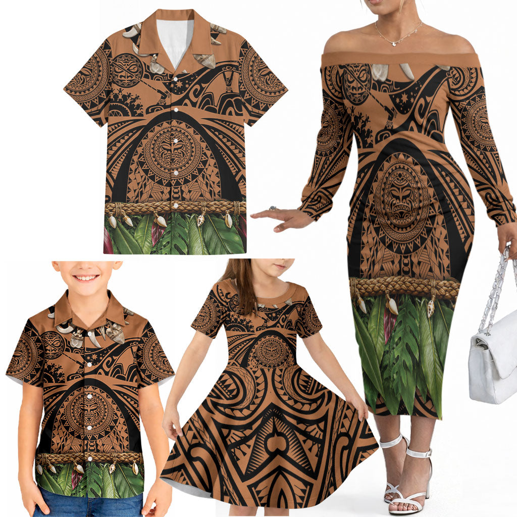 Polynesia Maui Tattoo Inspired Family Matching Off The Shoulder Long Sleeve Dress and Hawaiian Shirt Tropical Leaf Skirt Costume