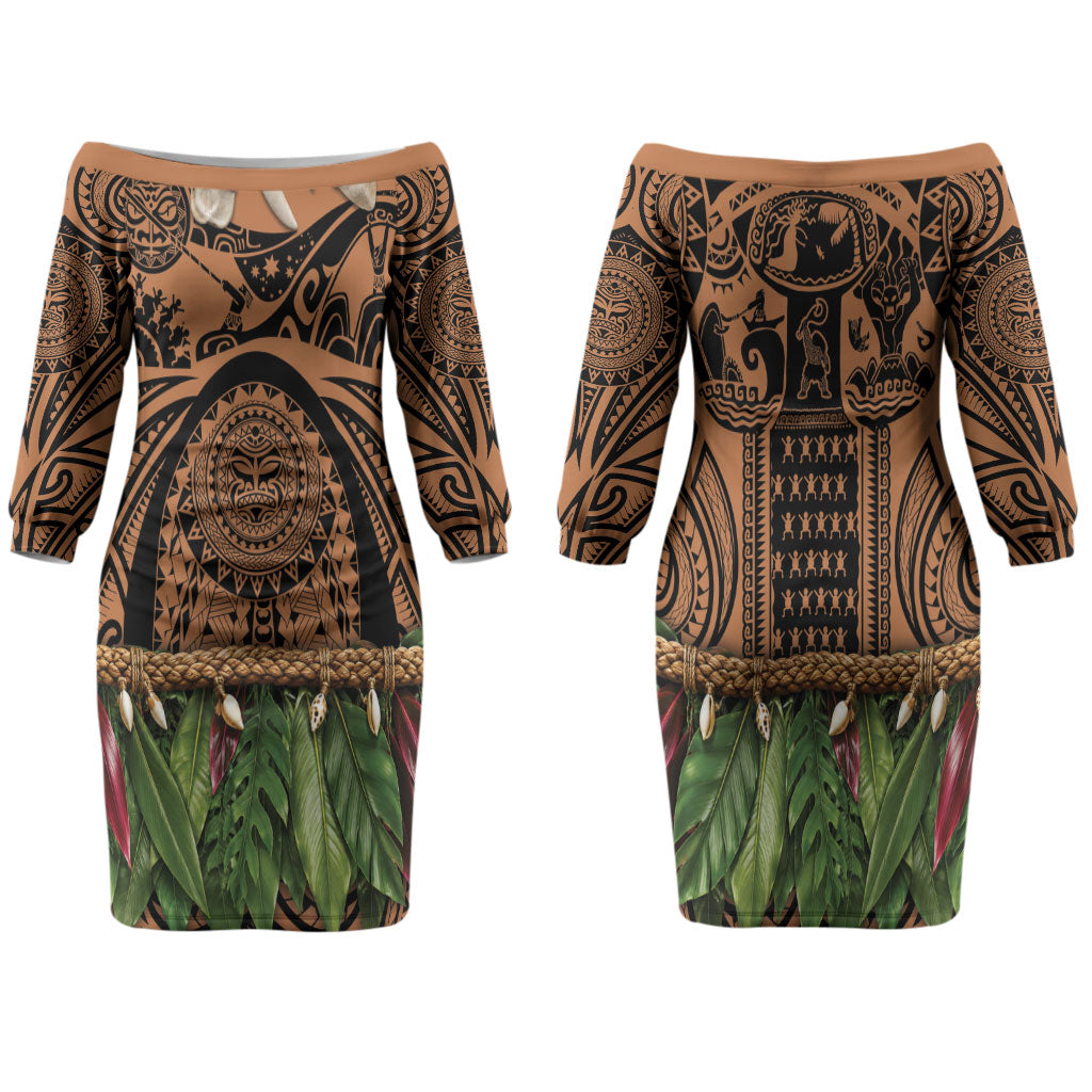 Polynesia Maui Tattoo Inspired Family Matching Off The Shoulder Long Sleeve Dress and Hawaiian Shirt Tropical Leaf Skirt Costume