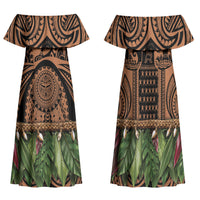 Polynesia Maui Tattoo Inspired Family Matching Off Shoulder Maxi Dress and Hawaiian Shirt Tropical Leaf Skirt Costume