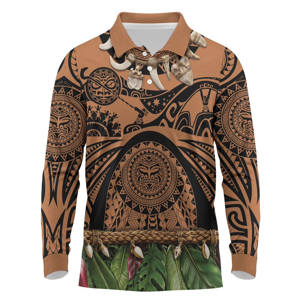 Polynesia Maui Tattoo Inspired Long Sleeve Polo Shirt Tropical Leaf Skirt Costume