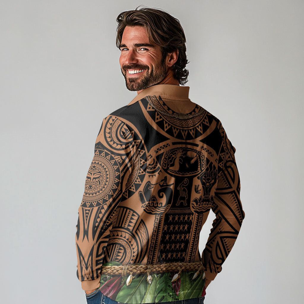 Polynesia Maui Tattoo Inspired Long Sleeve Polo Shirt Tropical Leaf Skirt Costume