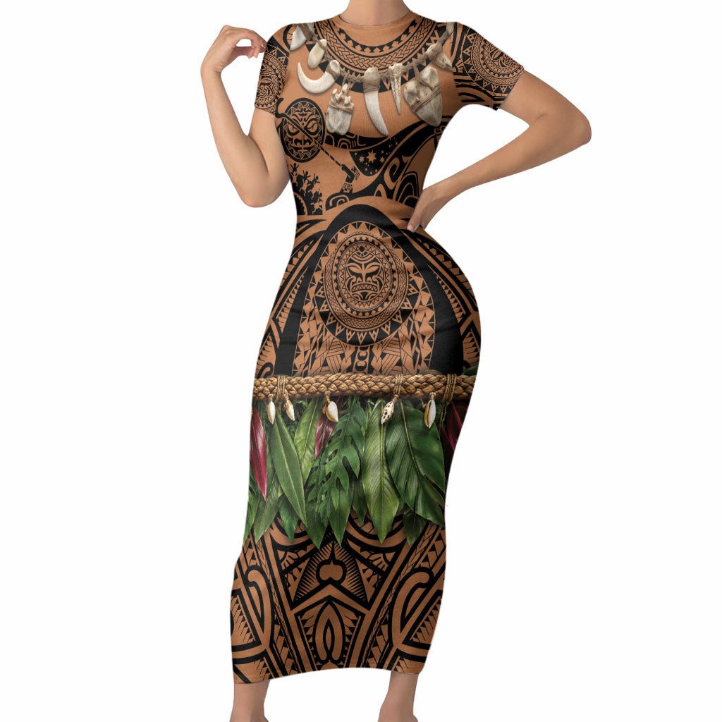 Polynesia Maui Tattoo Inspired Short Sleeve Bodycon Dress Tropical Leaf Skirt Costume
