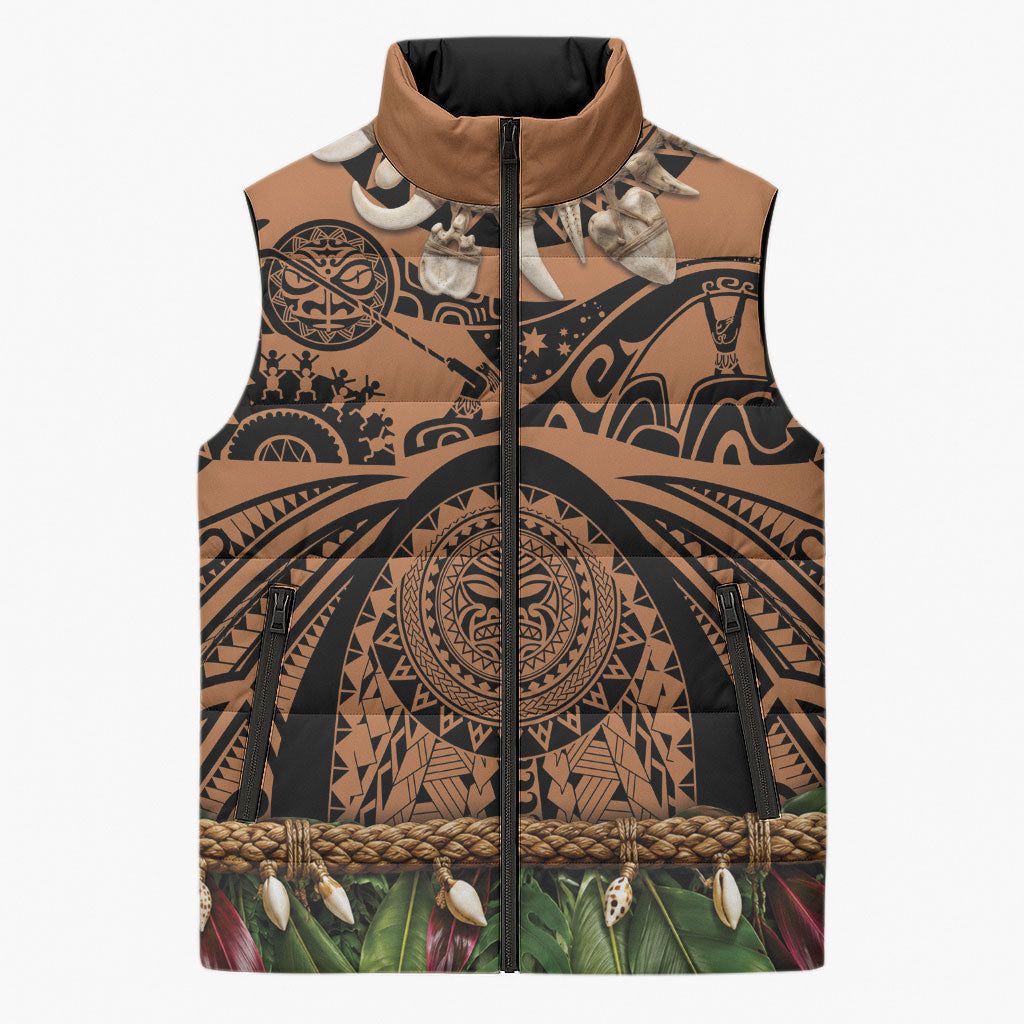 Polynesia Maui Tattoo Inspired Sleeveless Puffer Jacket Tropical Leaf Skirt Costume
