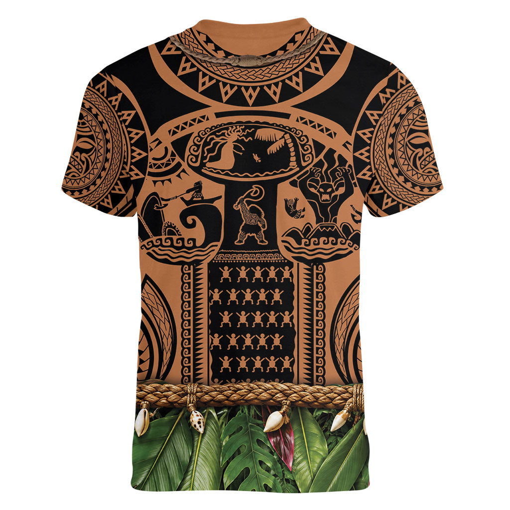 Polynesia Maui Tattoo Inspired Women V-Neck T-Shirt Tropical Leaf Skirt Costume