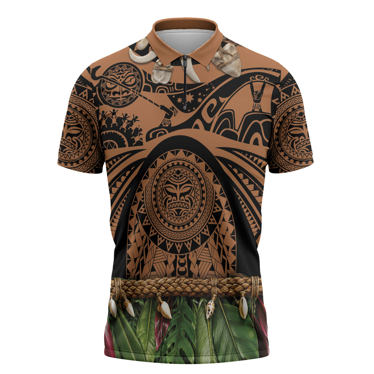 Polynesia Maui Tattoo Inspired Zipper Polo Shirt Tropical Leaf Skirt Costume