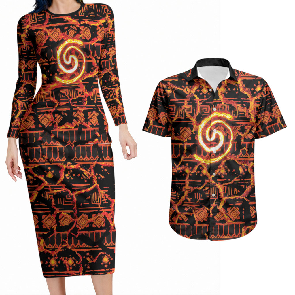 Polynesia Lava Monster Cosplay Couples Matching Long Sleeve Bodycon Dress and Hawaiian Shirt Fiery Glowing Volcano Crack Pattern