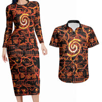 Polynesia Lava Monster Cosplay Couples Matching Long Sleeve Bodycon Dress and Hawaiian Shirt Fiery Glowing Volcano Crack Pattern