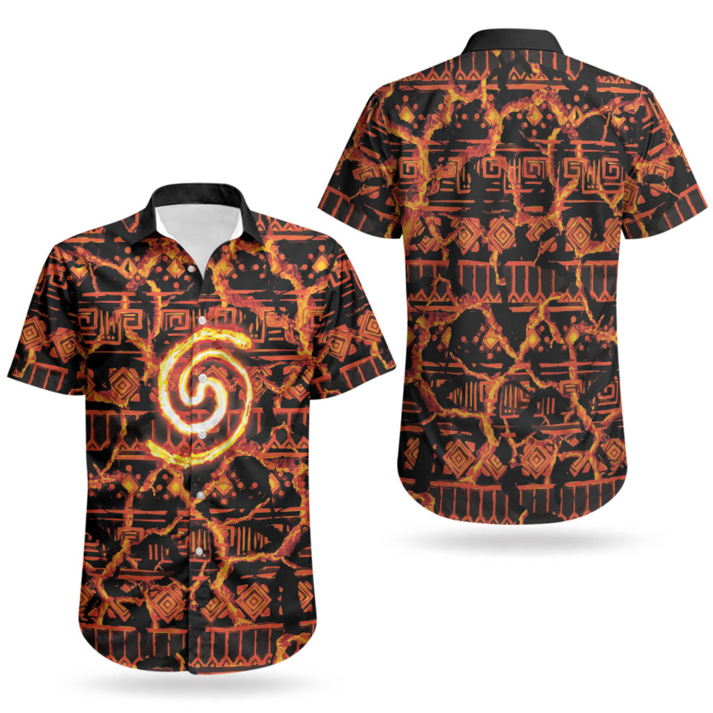 Polynesia Lava Monster Cosplay Couples Matching Long Sleeve Bodycon Dress and Hawaiian Shirt Fiery Glowing Volcano Crack Pattern
