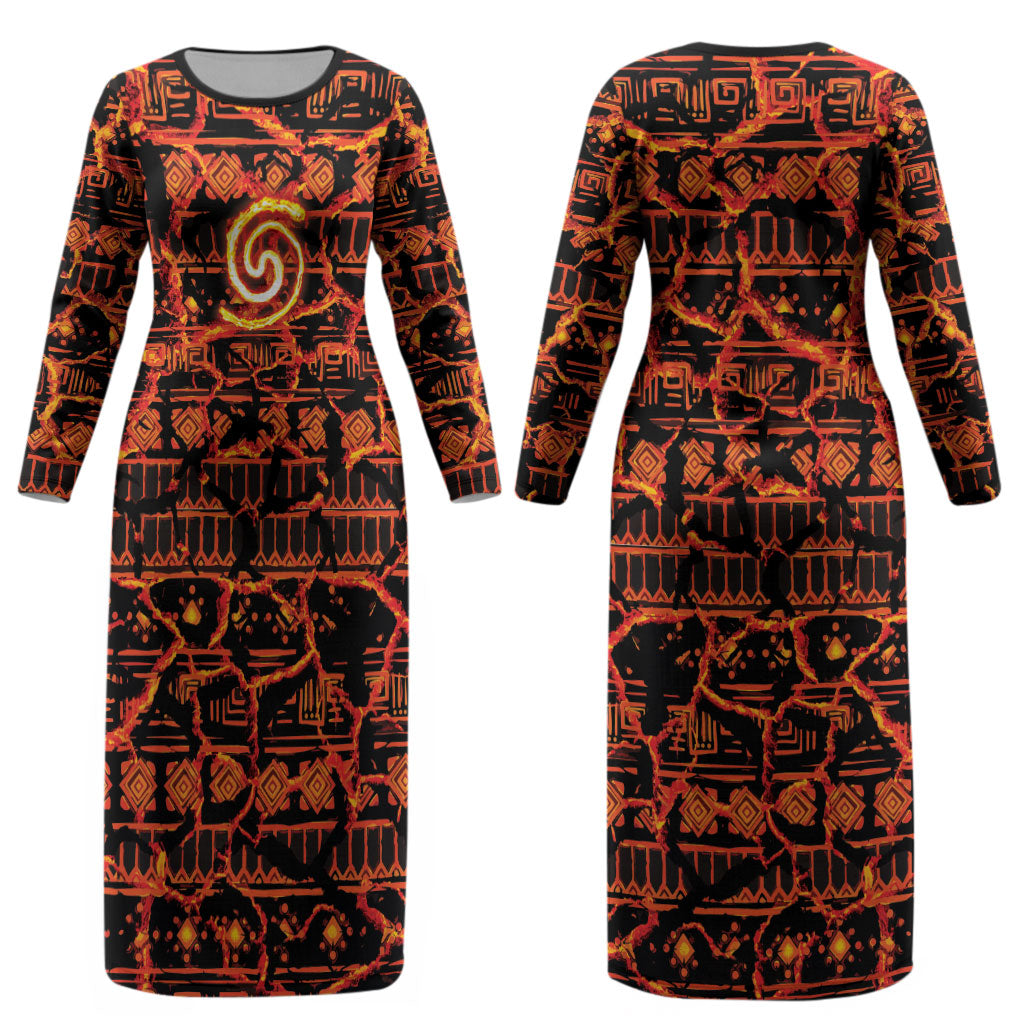 Polynesia Lava Monster Cosplay Couples Matching Long Sleeve Bodycon Dress and Hawaiian Shirt Fiery Glowing Volcano Crack Pattern