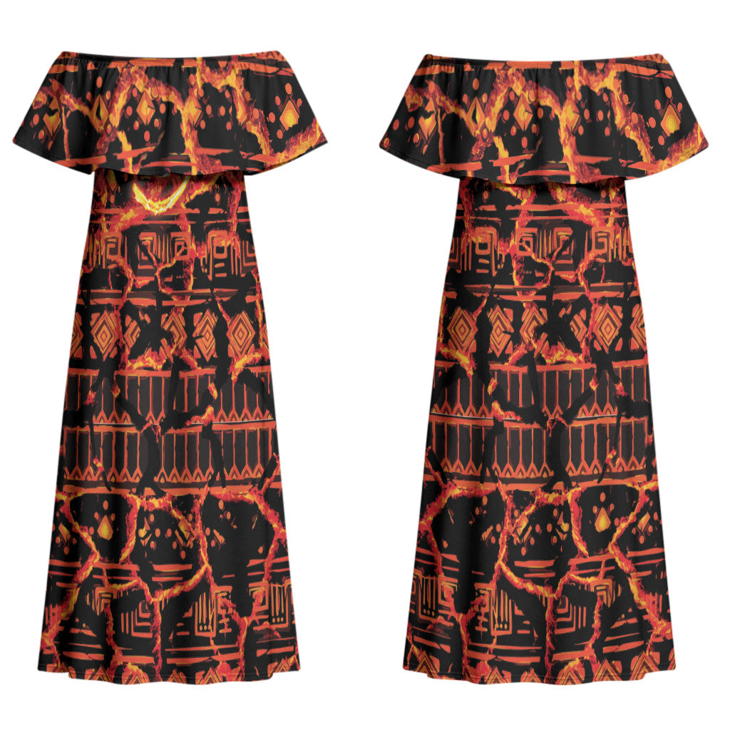 Polynesia Lava Monster Cosplay Couples Matching Off Shoulder Maxi Dress and Long Sleeve Button Shirt Fiery Glowing Volcano Crack Pattern
