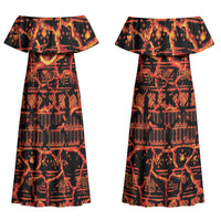 Polynesia Lava Monster Cosplay Couples Matching Off Shoulder Maxi Dress and Long Sleeve Button Shirt Fiery Glowing Volcano Crack Pattern