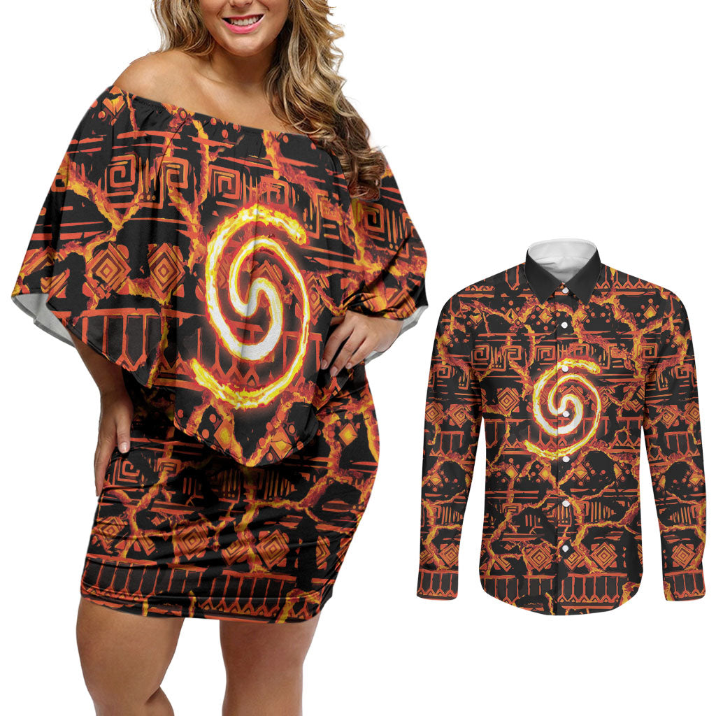 Polynesia Lava Monster Cosplay Couples Matching Off Shoulder Short Dress and Long Sleeve Button Shirt Fiery Glowing Volcano Crack Pattern