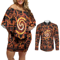 Polynesia Lava Monster Cosplay Couples Matching Off Shoulder Short Dress and Long Sleeve Button Shirt Fiery Glowing Volcano Crack Pattern