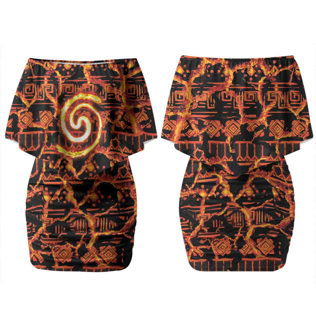 Polynesia Lava Monster Cosplay Couples Matching Off Shoulder Short Dress and Long Sleeve Button Shirt Fiery Glowing Volcano Crack Pattern