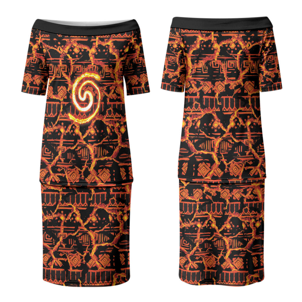 Polynesia Lava Monster Cosplay Couples Matching Puletasi and Hawaiian Shirt Fiery Glowing Volcano Crack Pattern