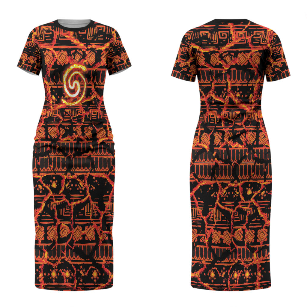 Polynesia Lava Monster Cosplay Couples Matching Short Sleeve Bodycon Dress and Hawaiian Shirt Fiery Glowing Volcano Crack Pattern
