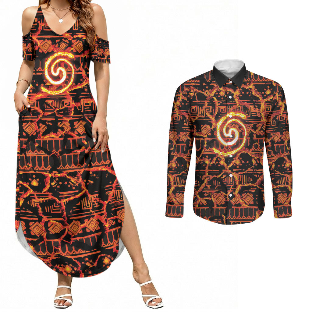 Polynesia Lava Monster Cosplay Couples Matching Summer Maxi Dress and Long Sleeve Button Shirt Fiery Glowing Volcano Crack Pattern