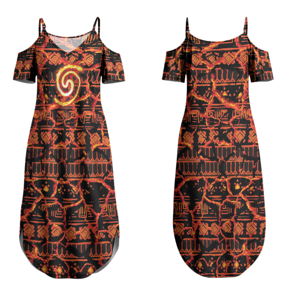 Polynesia Lava Monster Cosplay Couples Matching Summer Maxi Dress and Long Sleeve Button Shirt Fiery Glowing Volcano Crack Pattern